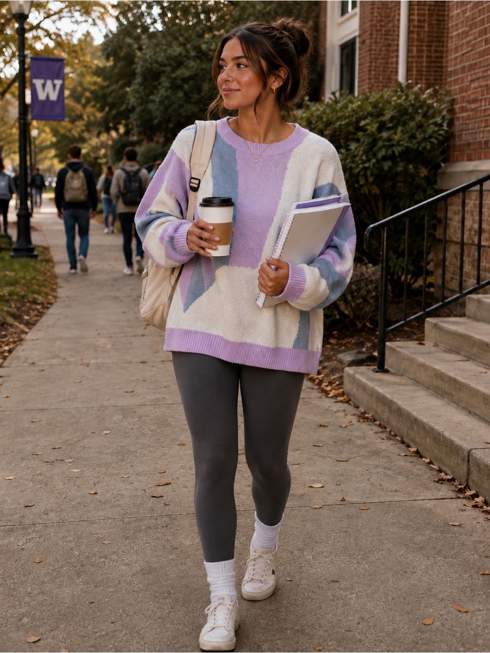 Women's Lavender & white Colorblock Crewneck Sweater - Relaxed Fit